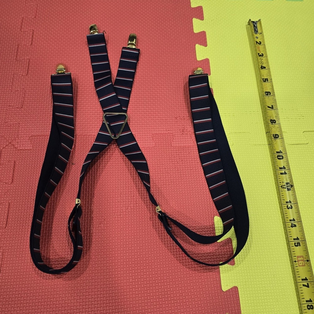 Men's Adjustable X-Back Suspenders - Navy Blue with Red & White Stripes -... - Picture 3 of 7